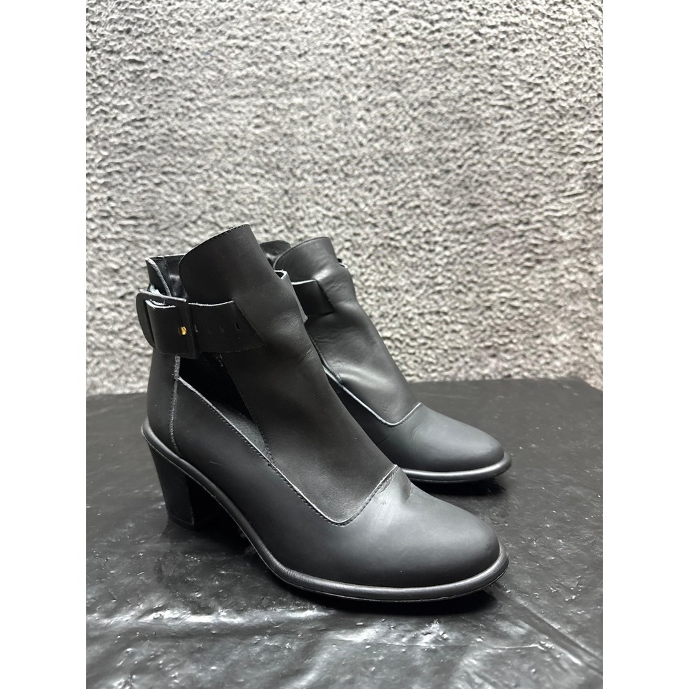 Miista Buckled Leather Pull On Cut Out Ankle Boots Black Womens Size 37 EU